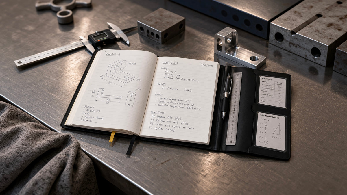 Engineering notebook surrounded by aircraft, spacecraft, vehicle, UAV and precision hardware concepts