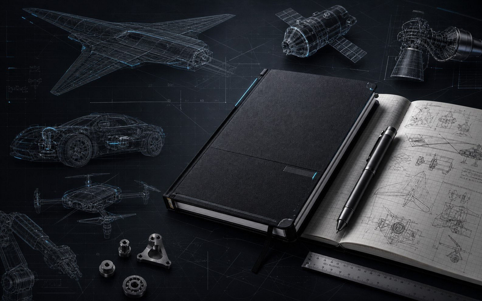 Engineering notebook surrounded by aircraft, spacecraft, vehicle, UAV and precision hardware concepts